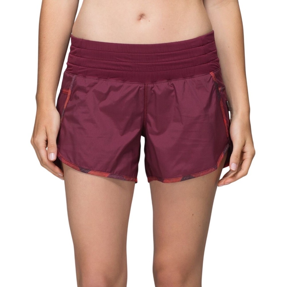 Lululemon Running Shorts Burgundy Plaid Trim Zipper Pockets Women Size 6